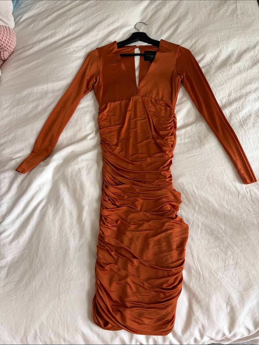 Long Sleeve Rust Ruched Bodycon Dress